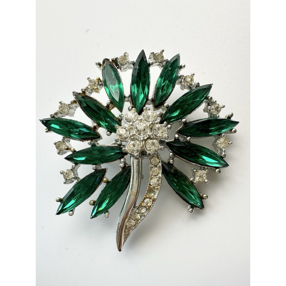 Vintage Emerald Green & Clear Crystal Rhinestone Flower Brooch Pin